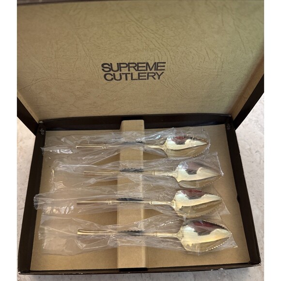Supreme Cutlery 4 Gold Electroplated Grapefruit Fruit Spoons Bamboo, Boxed Set - Picture 9 of 9